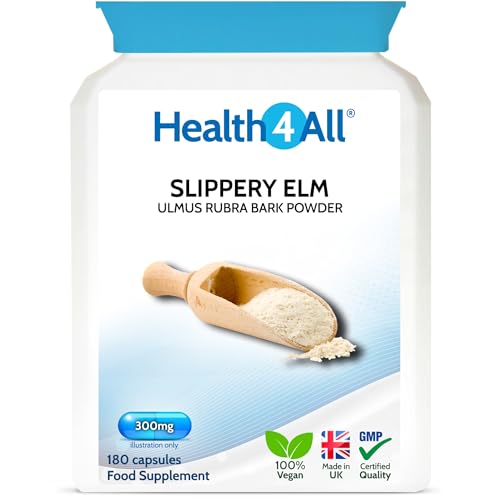Health4All Slippery Elm 300mg 180 Capsules, Digestive Health & Acid Reflux Support. Vegan Digestive Support Supplement, Ulmus Rubra Inner Bark Powder, Stomach Soothe, Gluten Free | Made in UK