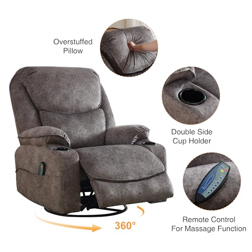 HCHAIRH Rocker Recliner Chair, Manual Swivel Recliner Chair with Massage and Heated for Adults, Comfy Reclining Chair Rocking Recliner for Living Room, Grey