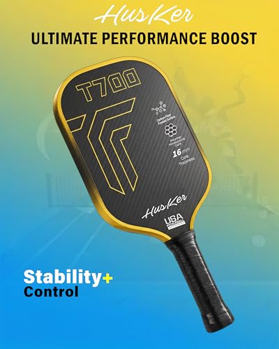 Image of Husker USAPA Approved T700 RAW Carbon Fibre Thermoformed Pickleball Paddle with Spin & Textured Carbon Friction Surface and Elongated Handle (T700-YELLOW)