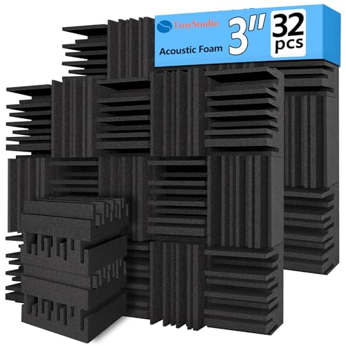 TroyStudio Thick Acoustic Foam Panels, 12 X 12 X 3 Inch 32 Pcs Broadband Sound Absorbing Foam, Dense Soundproof Padding Tile, Recording Studio Foam Absorber, Groove Decorative 3D Wall Ceiling Panel
