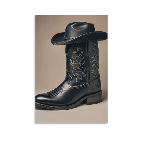 Chapeau noir et bottes de cowboy sur une toile murale à suspendre pour esthétique de chambre