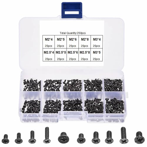 Kit de Parafusos para Notebook e Eletrônicos, 250 Peças, M2/M2.5/M3, Preto