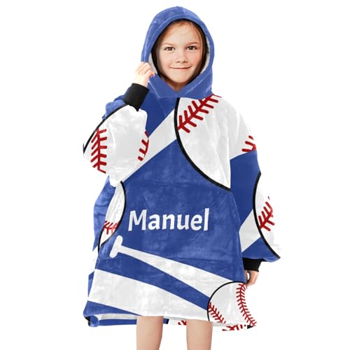 Baseball Sport Blue Personalized Oversized Wearable Blanket Sweatshirt Hoodie for Children, Custom Sherpa Soft Warm Blanket