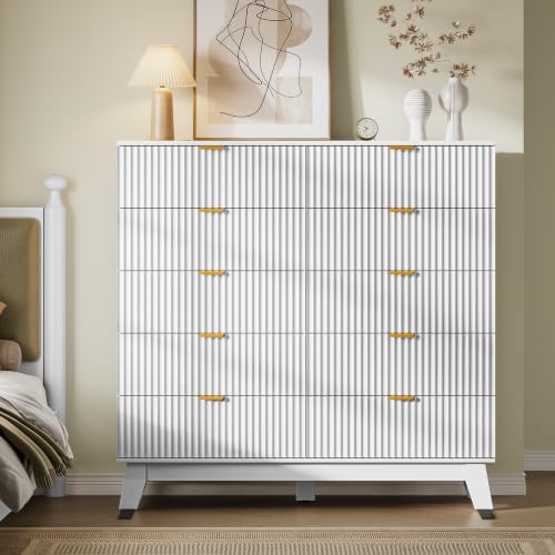 Image of BORNOON 46 inch Tall Dresser for Bedroom, 10-Drawer Fluted Chest of Drawers, Modern Wood Highboy with Metal Slides and Handles, Anti-Tip Kit, Vertical Clothes Storage Organizer for Apartment, Closet