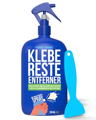 Vero Shine Kleber Entferner (225ml), Etiketten Entferner Spray für alle Oberflächen, Extrastarkes Kleberlöser, Etikettenlöser mit Abstreifer, Klebereste Enternen Fensterrahmen, Adhesive Remover