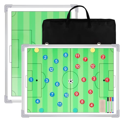 Dunzoom 24" x 18" Magnetic Soccer Coaching Board Double-sided Dry Erase Board, Portable Tactical Clipboard Equipped with Magnet Numbers, Marker Pen, Eraser and Zipper Bag