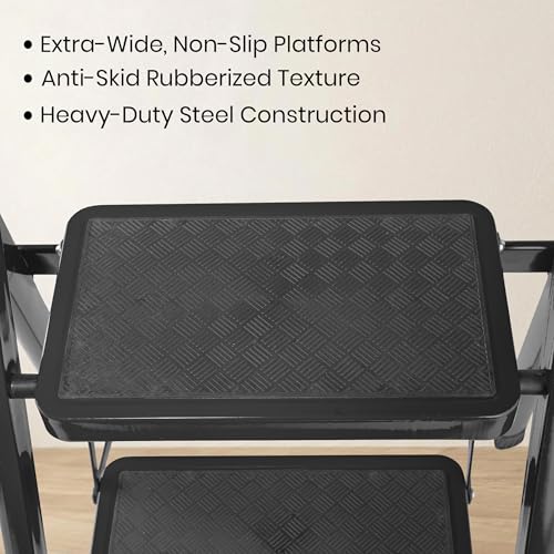 Image of Casa Copenhagen Black 7 Step Ladder for Home Use with Built-in Tool Tray | Heavy Duty D Shape Rods | Ultra Large Platform | Wide Rubber Feet | 150Kg Capacity Foldable Ladder - 7 Years Warranty