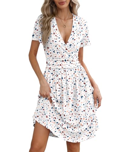 YSYOKOW Women's Summer Short Sleeve Casual Wrap Dresses V-Neck with Pockets Elastic Waist Flowy Midi Beach Dress(Colored Spots, Large)
