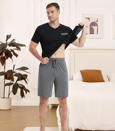 Image of NACHILA Men's Pajamas Set-Viscose Made from Bamboo, Short Sleeve Sleepwear Soft Pjs with Shorts V Neck Loungewear Sets