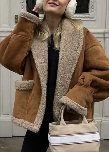 chouyatou Women's Winter Casual Faux Suede Leather Jacket Button Down Fuzzy Sherpa Lined Jacket Coat4