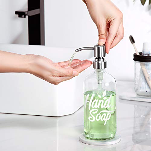 Dish and Hand Soap Dispenser Set - Glass Hand Soap + Dish Soap Dispenser for Kitchen, Bathroom - High Temperature Ceramic Ink Printing Never Falling Off - 16 oz Bottles with 304 Stainless Steel Pumps