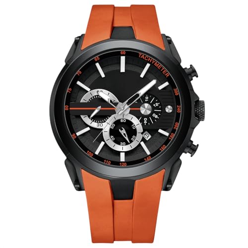 Image of RORIOS Men's Silicone Watch Multifunctional Sports Wristwatch Casual Quartz Wrist Watch Fashion Analogue Watch for Men Chronograph Luminous Watch Orange