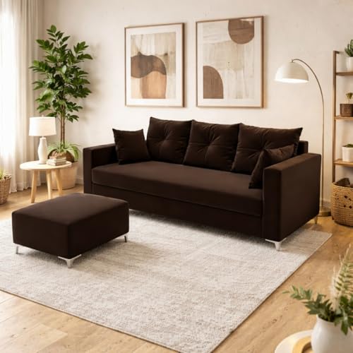 Image of Zora 4 Seater L Shape Sofa Set with Movable Ottomans | Flexible Layout | Rich Velvet Suede Fabric | Silver Legs | Spacious Seating | Modern Sofa for Living Room (Dark Brown)