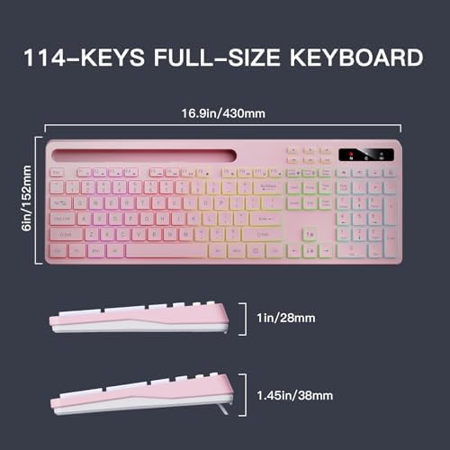 Soueto Wireless Keyboard with 7-Color RGB Backlit, Full-Size Computer Keyboard with Phone Tablet Holder, 2.4G Rechargeable Gaming Keyboard with Light Up Keys, Compatible with Mac, Windows (Pink) — view 7