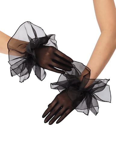 Womens Short Mesh Gloves with Ruffles - Sheer Lace Gloves for 1920s Costume Opera Party & Dance Black