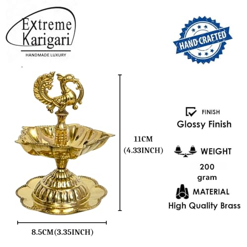 Image of Handcrafted Double Brass Diya with Peacock Design | Traditional Brass Oil Lamp for Puja, Temple & Home Decoration | Antique Finish Deepak for Festivals (Single Diya)