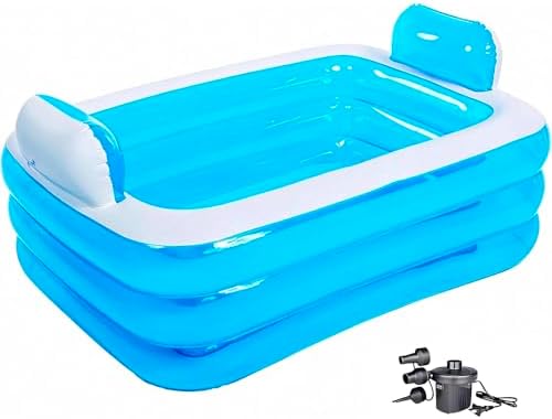 Inflatable Adult Bath Tub 2 Person,Freestanding Blow Up Bathtub with Foldable Portable Feature for Adult Spa,Indoor and Outdoor Universal Folding Pool with Electric Air Pump (Blue, 63″x43.3″x21.6″)