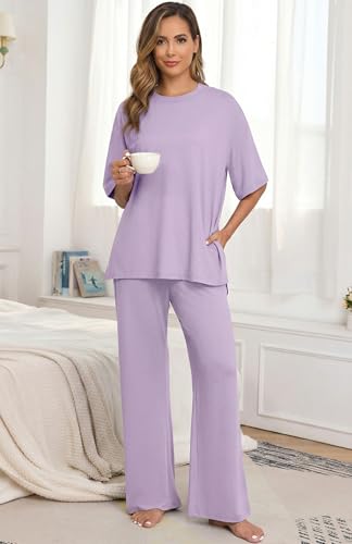 Image of PrinStory Womens Pajamas Sets 2 Piece Lounge Set Short Sleeve Tops and Long Pants Soft Pjs Loungewear with Pockets