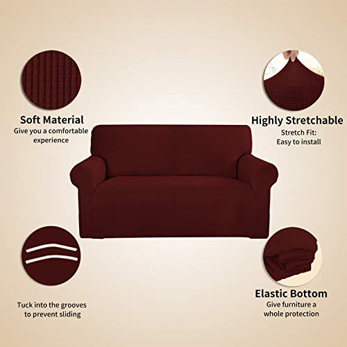 Image of Easy-Going Stretch 4 Seater Sofa Slipcover 1-Piece Sofa Cover Furniture Protector Couch Soft with Elastic Bottom for Kids, Polyester Spandex Jacquard Fabric Small Checks Wine