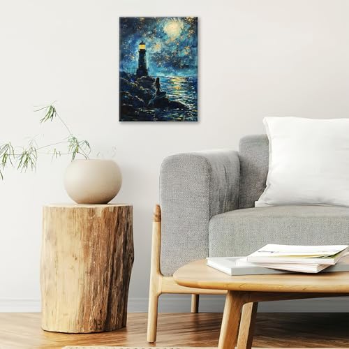 Paisaje nocturno costero en lienzo de faro para decorar salas modernas 4