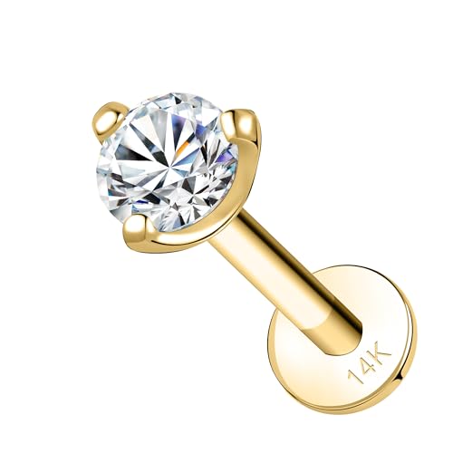 SYLWIA 14K Real Gold Lip Rings Stud, 16g Internally Thread Ashley Piercing Lip Jewelry, Moissanite - 2.5mm 3mm, 18g Nose Conch Helix Tragus Labret Stud for Women Men (2.5mm/8mm/16g)