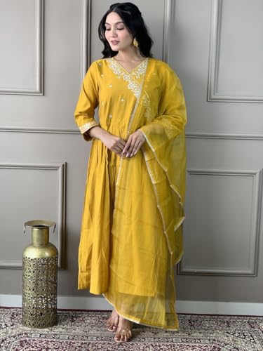 Image of Shiv Textiles Women's Chanderi Silk Embroidered Kurta Pant Dupatta Set(JDA-Olivia-Mustard-M)
