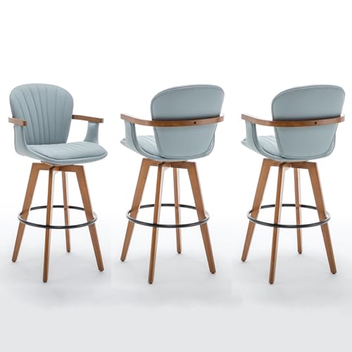 Image of LUNLING 30 inch Bar Height Stools Set of 3.Mid Century Modern Bar Stools,Blue PU Leather Kitchen Island Stools,Wood High Barstools Swivel with Back and Arms for Home Bar Furniture