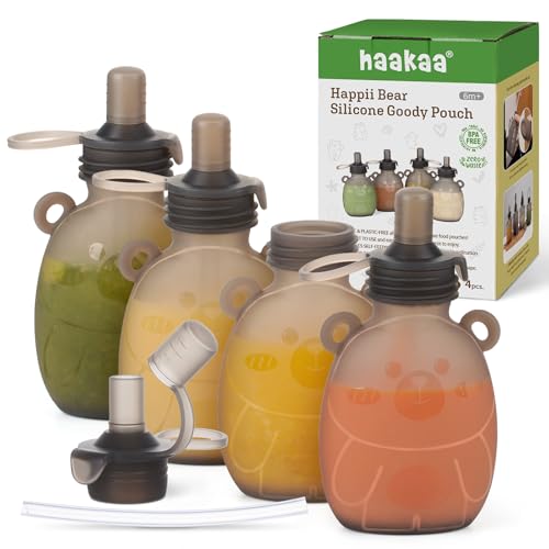 Image of Haakaa Happii Bear Silicone Goody Pouch,Reusable Baby Food Pouches for Homemade Organic Purees, Juices, Smoothies, and Yogurt - Perfect for Toddlers and Kids - 4 Pack, 6oz