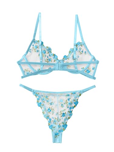 Image of Lilosy Sexy Floral Embroidered Mesh Sheer Underwire Lingerie Set
