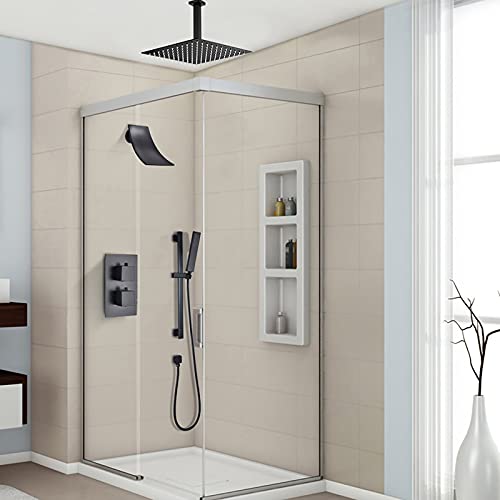 Ensemble de douche combiné monté au plafond noir avec cascade laiton