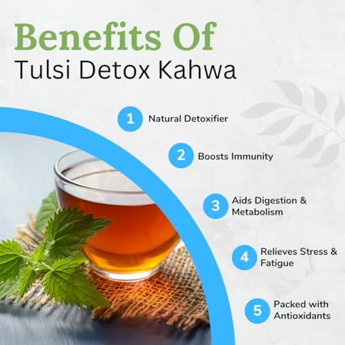 Image of Rootcare Organics green tea for weight loss Tulsi Detox Kahwa 100g Pack Of 1 Month Herbal Tea Loose Leaves Helps Improve Digestion Rich in Antioxidants with Tulsi Ginger Clove Black pepper Cinnamon