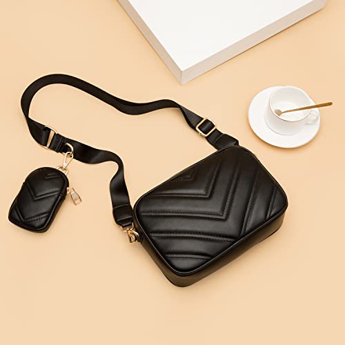 Herald Chevron Quilted Small Crossbody Bag With Coin Purse Pouch Women Square Snapshot Camera Side Shoulder 2 Size Handbag (Black) #TOP7