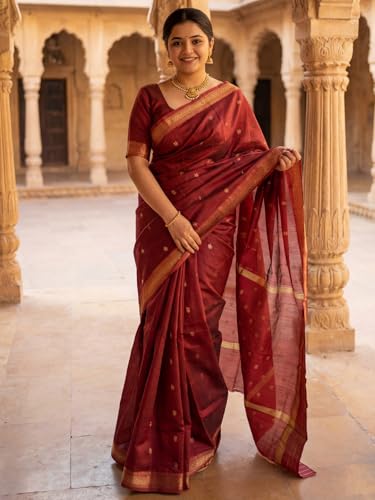 Image of AKHILAM Women's Pure Soft Spun Cotton Lichi Silk Saree For Women With Attach Unstitch Blouse Piece