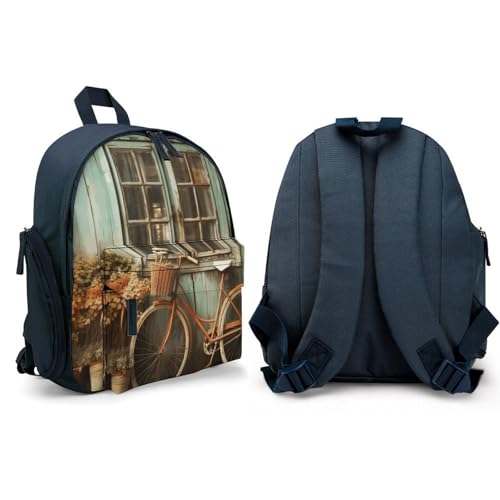 Vintage Window with Bicycle Backpack Small Book Bag with Side Pocket, Lightweight Durable Backpack, Travel Rucksack, Blue-style4