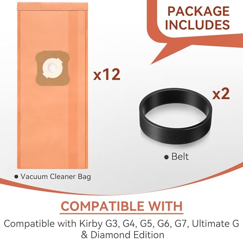 Image of 12 Vacuum Cleaner Bags and 2 Belts Compatible with Kirby G Series (Orange)