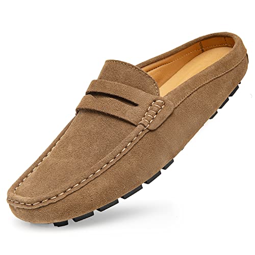 Image of Go Tour Mens Handmade Suede Leather Mules Clog Slippers Breathable Leather Slip on Shoes Casual Loafers