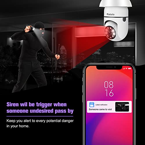 Ratolo Light Bulb Security Camera Wireless Wifi Outdoor Indoor, Home Security Cameras 1080P Pan Tilt 2.4Ghz 360 Degree Human Motion Detection Alarm Night Vision Two-Way Talk E27 Socket #TOP4