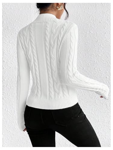 Image of BEAUDRM Women's Cable Knit Sweater Mock Neck Long Sleeve Casual Pullover Top White X-Small