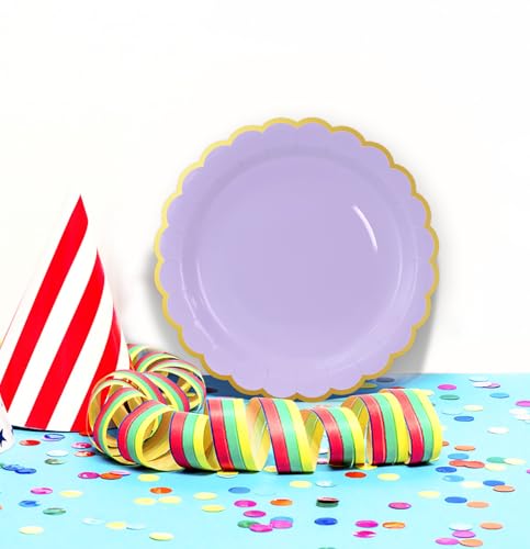 Image of HEIPINIUYE 50 Pieces Lavender Paper Plates with Gold Foil 7 Inch Disposable Light Purple Scalloped Dinner Plates for Wedding Baby Shower Birthday Party Dessert Plate
