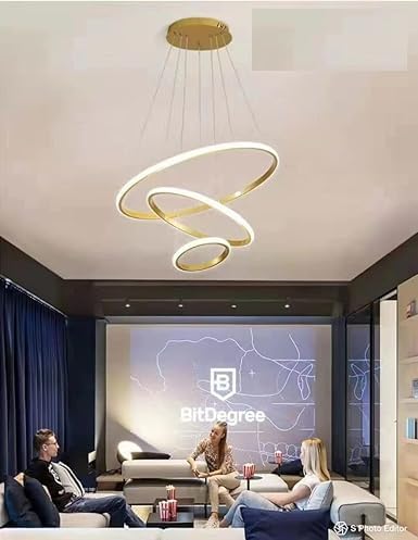 Image of Carsten Modern 3 Rings Chandelier /Jhumar Light for Hall Ceiling /Jhoomer for Living Room /Hanging Pendant Lamp with Adjustable Height for Bedroom /Dining Room /Hotels /Bar /Cafe /Restaurants. (Golden)