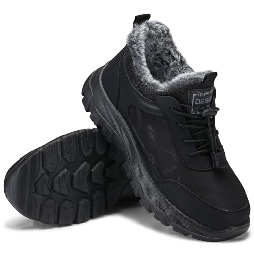 SHIBEVER Women Winter Snow Boots: Black Waterproof Slip on Fur Ankle Boot for Womens Insulated Lace...