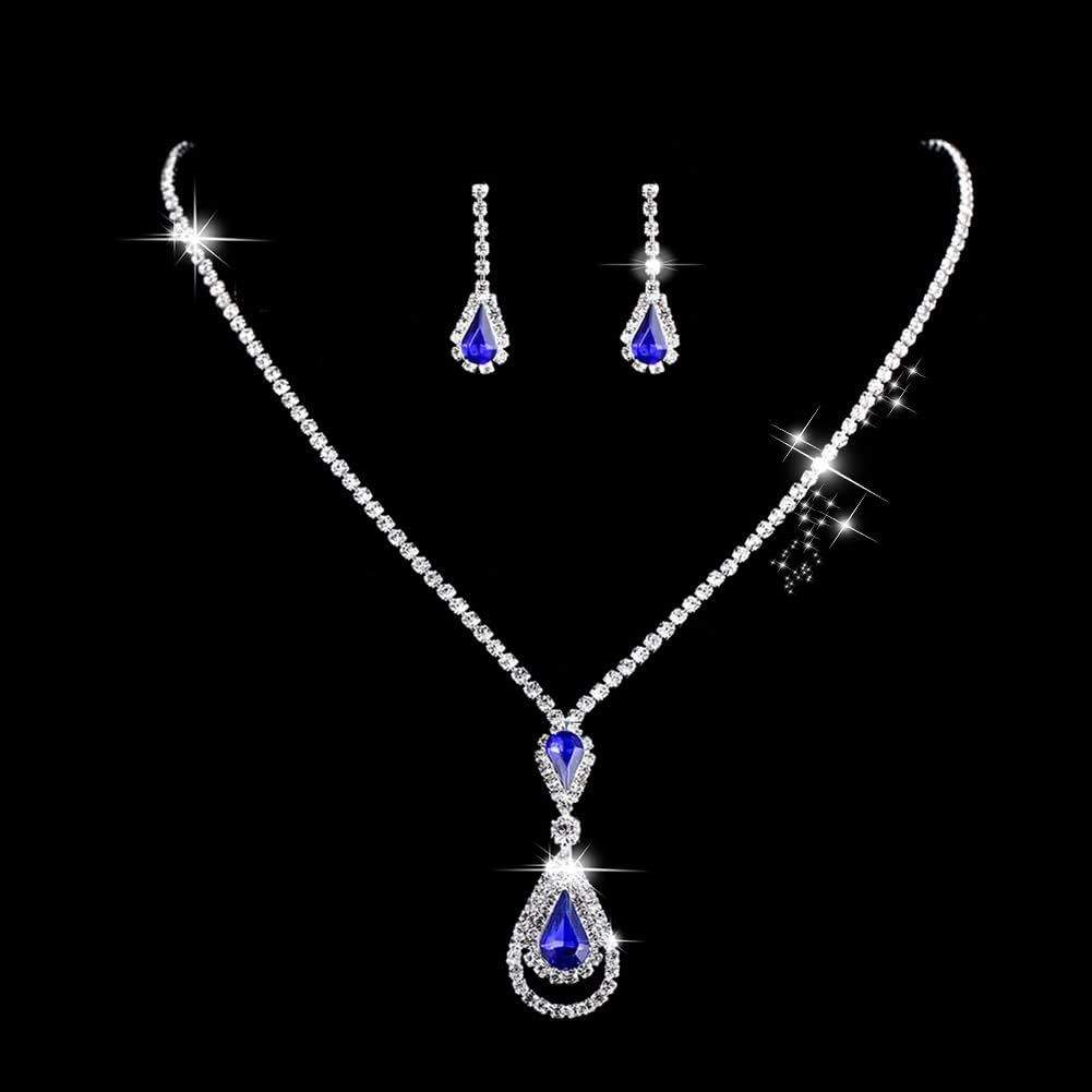 Wedity Wedding Crystal Necklace Earrings Set Bride Choker Necklaces Blue Pendant Jewelry for Women and Girls (Blue 2)