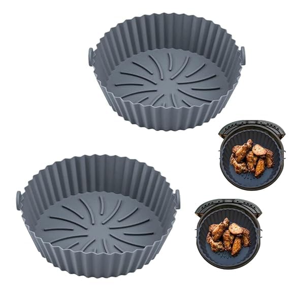 Hovico 2-pc Air Fryer Liners Round Silicone Basket Baking Tray Pot with Ear Handles (6.5 Inches) Nonstick Reusable Heat Resistant Cooking Oven Insert Accessories (Multicolor)