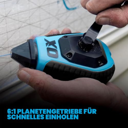 OX Trade 30m Schlagschnur-Set – ABS-Gehäuse mit robuster Linie, 6:1 Übersetzung & 118ml Blaues Markierpulver