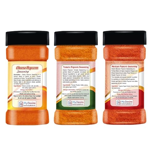 Image of Desire Popcorn Seasonings Combo (Cheese,Tomato & Mexican) 50 Gram Each Perfect for Popcorn, Pasta, Pizza, Nachos, Fries | Rich & Creamy Cheese Flavor | Versatile Topping for Snacks