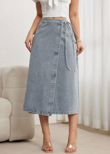 CHARTOU Women High Waist Tie Side Denim Wrap Skirt Long Asymmetrical A Line Jean Skirt with Slit2