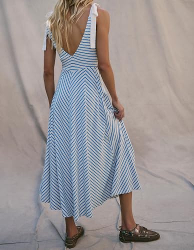 Image of Women Casual Summer Dresses Smocked V Neck Beach Dress Striped Sleeveless Sundress Flowy Long Dress with Pockets Blue White