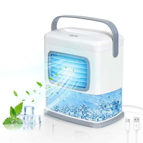 CAYNEL Aire acondicionado portátil, 2 velocidades, 5 W con USB, con tanque de agua, temporizador de 1 a 12 horas y con salida de aire ajustable, humidificador portátil de refrigeración de aire para