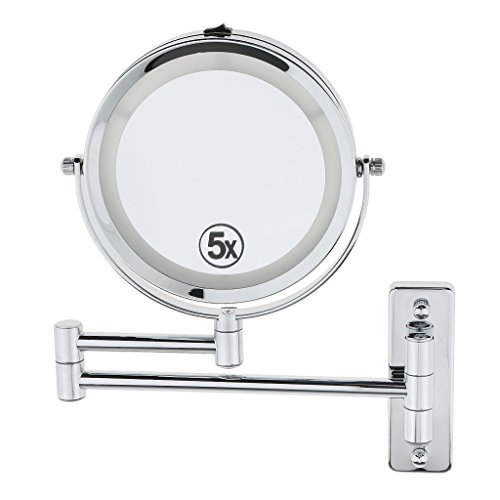 Sharplace Round Double-Sided Swivel Wall Mount Vanity Mirror LED Lighted with 5x Magnification Extension Pole for Counter Home Bathroom Shaving Makeup