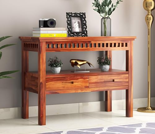 Image of Sheesham Wood Console Table for Living Room | Solid Wood Entryway Hallway Sofa & Fish Tank Table with 2 Drawers & Shelf Storage | Rosewood Honey Finish
